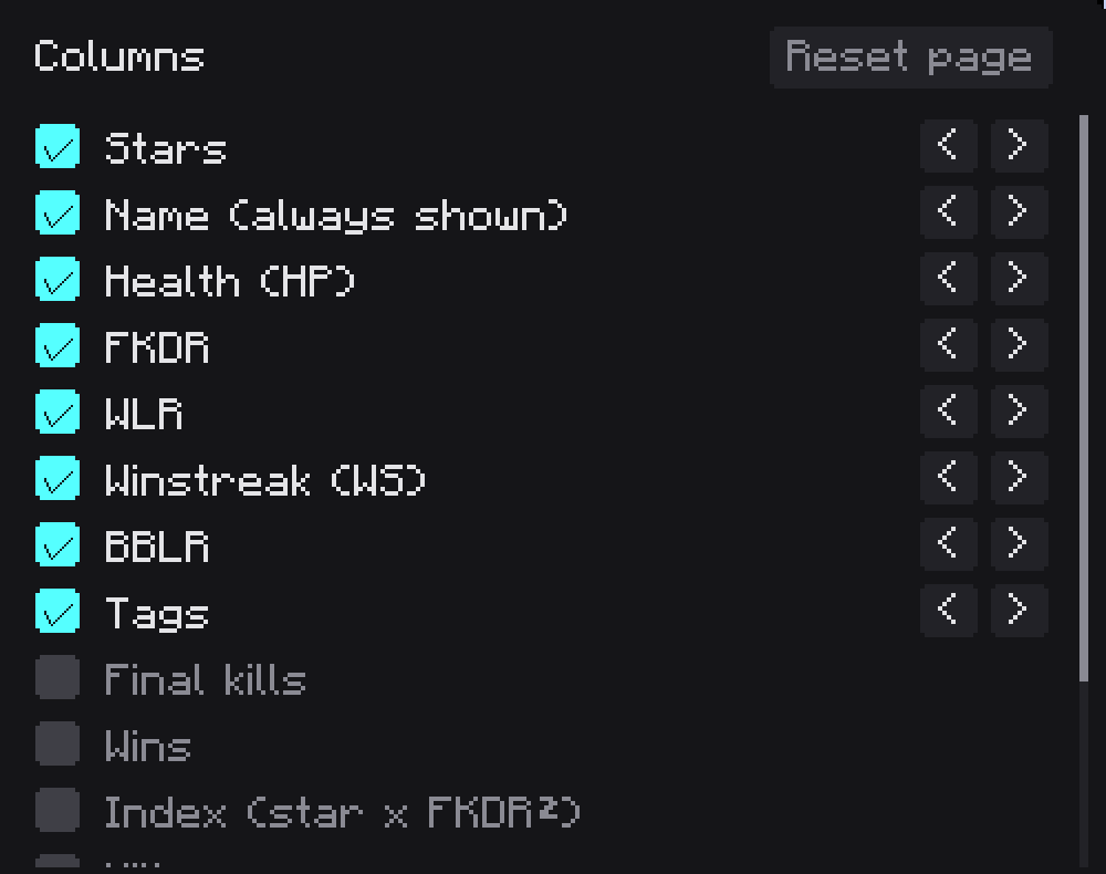 The Columns page of the in-game settings: tick the stats to show and reorder them.